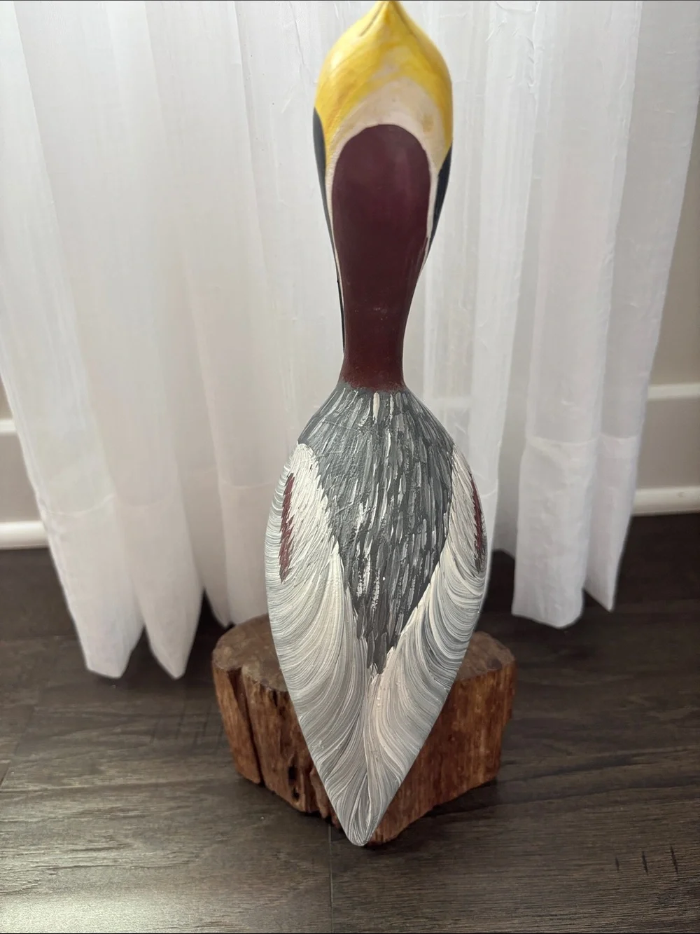 Casa Fernandez Vintage Hand Carved Hard Wood Painted perched Pelican,driftwood
